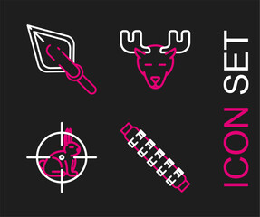 Set line Hunting cartridge belt with cartridges, on rabbit crosshairs, Moose head horns and Hipster arrow tip icon. Vector