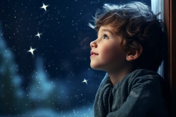 A child's wonderment on a snowy Christmas Eve as he eagerly awaits Santa's arrival while staring at the night sky