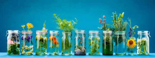 Herbal extracts in bottles on a blue background. Generative AI, - obrazy, fototapety, plakaty