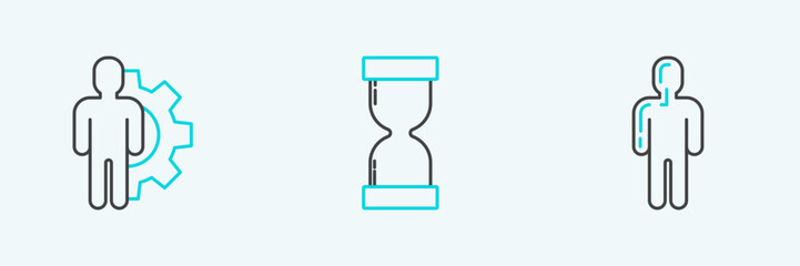 Set line User of man in business suit, Human with gear inside and Old hourglass flowing sand icon. Vector