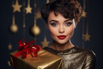 Stylish Woman with a Chic Pixie Haircut and Vibrant Red Lips Holds a Festive Gift in Front of a Golden Holiday Backdrop
