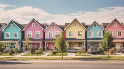 Obraz premium Colorful Houses on Suburban Neighborhood Street on a Sunny Day