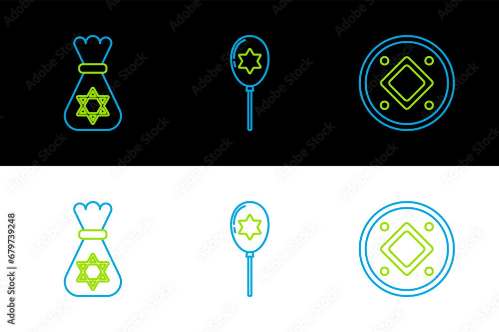 Sticker set line jewish coin, money bag with star of david and balloons ribbon icon. vector