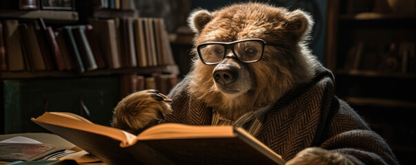 Bear with glasses reading a book