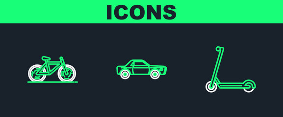 Set line Scooter, Bicycle and Sedan car icon. Vector