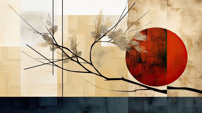 AI-generated abstract geometric illustration in winter holiday colors. Zen asymmetry with branches and orbs. MidJourney.