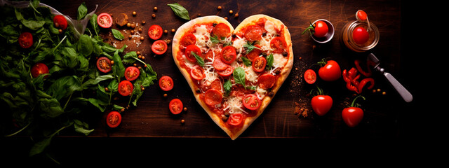 Pizza in the shape of a heart. Generative AI, - obrazy, fototapety, plakaty