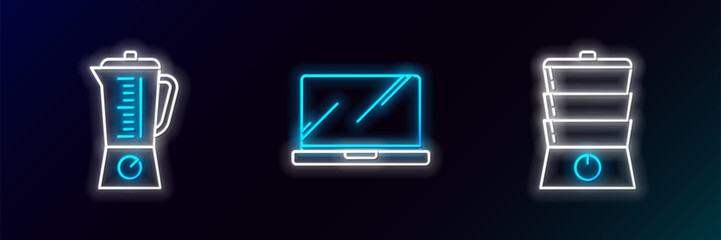 Set line Double boiler, Blender and Laptop icon. Glowing neon. Vector