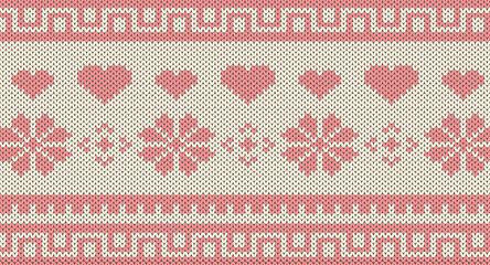 Green flower and heart knitted pattern, Festive Sweater Design. Seamless Knitted Pattern, Christmas concept.