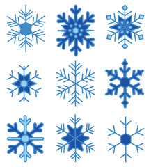 Set of blue snowflakes on a white background. Simple vector illustration. Winter stickers.