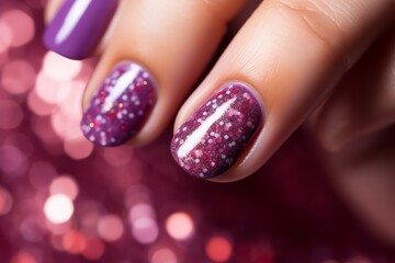 A close-up view of the dazzling sparkle from a festive nail polish in the midst of New Year celebrations