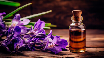 Obraz na płótnie Canvas Iris essential oil in a bottle. Generative AI,