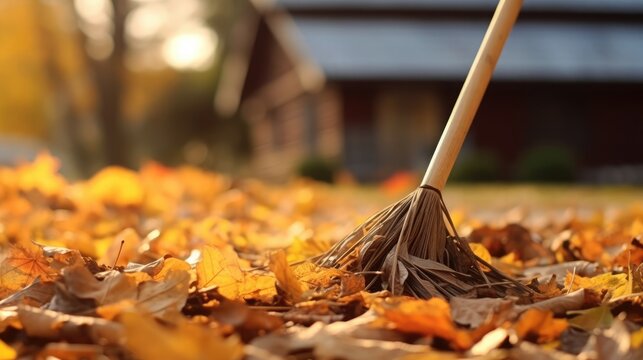 Raking fall leaves with rake
