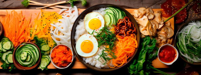 Korean dish in one plate, different ingredients and an egg. Generative AI,