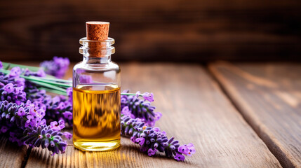Lavender essential oil in a bottle. Generative AI, - obrazy, fototapety, plakaty