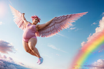 Plus size woman with wings and pink hair, body positivity concept, freedom in the sky, confident