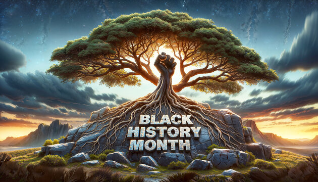 Big tree with roots and a fist raised representing black history month concept, african roots, hd beautiful background