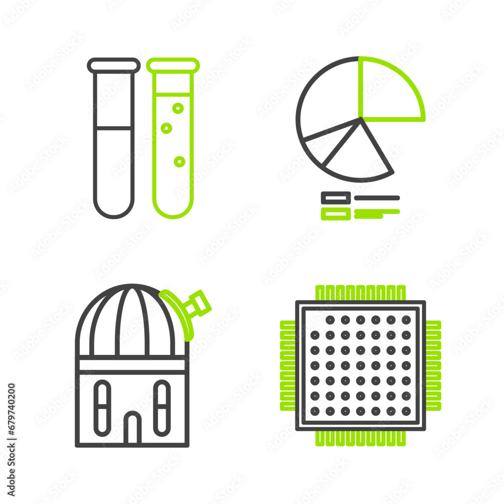 Poster set line processor, astronomical observatory, pie chart infographic and test tube and flask chemical