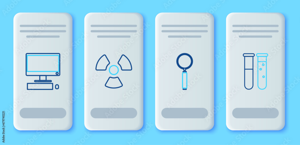 Poster set line radioactive, magnifying glass, computer monitor with keyboard and mouse and test tube flask