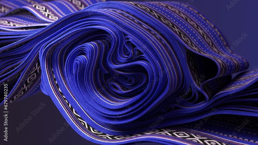 Poster deep blue hues and subtle patterns coil in a serene and elegant 3d fabric animation.