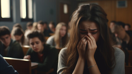 A scared student girl in a class room with other students in class. Social anxiety disorder. social phobia. person with fear of being watched and judged by others. 