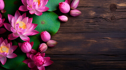 Lotus flowers on a wooden background. Generative AI,