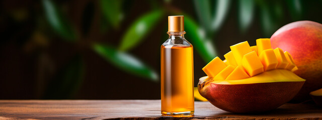 Mango essential oil in a bottle. Generative AI, - obrazy, fototapety, plakaty