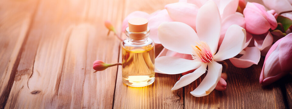 Magnolia essential oil in a bottle. Generative AI,