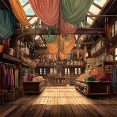 An illustration of an old fabric store with very heavy oak wood interiors