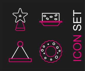 Set line Christmas wreath, Santa Claus hat, Nougat with nuts and star icon. Vector
