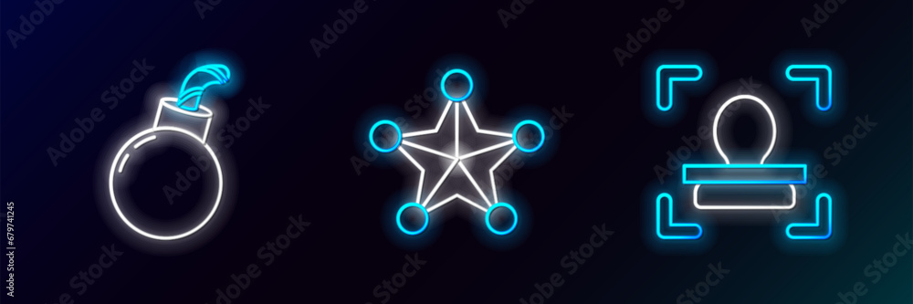 Poster set line face recognition, bomb ready to explode and hexagram sheriff icon. glowing neon. vector
