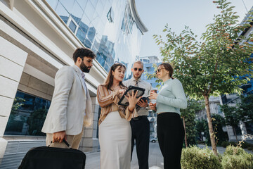 Fototapeta premium Caucasian Business Partners Discussing Market Trends in the City