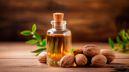 Nutmeg essential oil in a bottle. Generative AI,
