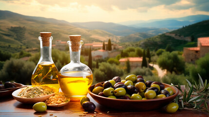 Olive oil against the backdrop of the Italian village. Generative AI, - obrazy, fototapety, plakaty