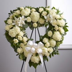 A significant heart-shaped arrangement, comprising white roses, hydrangeas, and peonies for a funeral.
