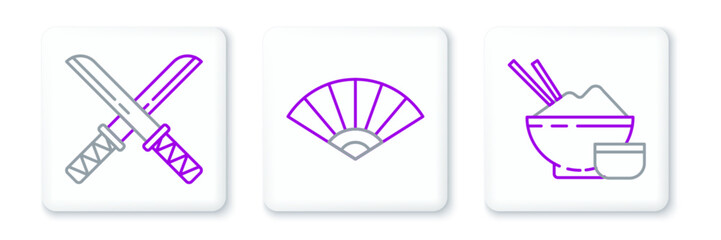 Fototapeta premium Set line Rice in a bowl with chopstick, Traditional Japanese katana and Paper chinese or japanese folding fan icon. Vector