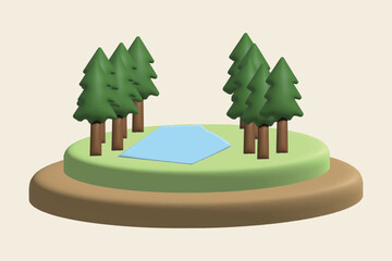 Tree, Mountain and Sun. Landscape concept. Realistic 3d object cartoon style. Vector colorful illustration.