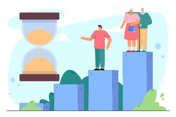 Huge sand-glass , older people and young man vector illustration. Increase of aged people and decrease of young people in world. Population aging concept