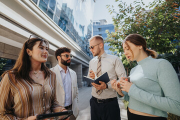 Business Partners Discussing Market Research for Global Expansion in Urban Setting.