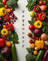 Fototapeta na wymiar Text Veganuary with variety of vegetables on white background. try veganism in January concept. Healthy lifestyle. organic raw food