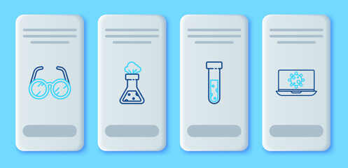 Set line Test tube and flask chemical, Laboratory glasses and Bacteria on laptop icon. Vector