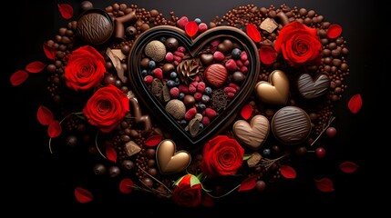 Valentines day background wallpaper, chocolate love, hearts, romantic roses, Generative AI