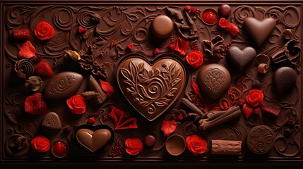 Valentines day background wallpaper, chocolate love, hearts, romantic roses, Generative AI