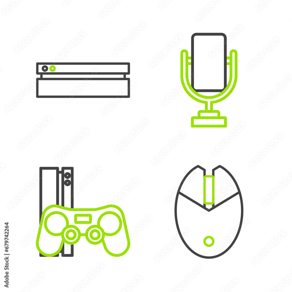Poster set line computer mouse gaming, game console with joystick, microphone and video game icon. vector