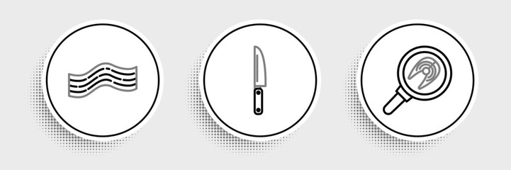 Set line Fish steak in frying pan, Bacon stripe and Knife icon. Vector - obrazy, fototapety, plakaty