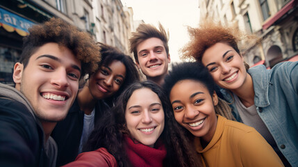 friend taking selfie in city