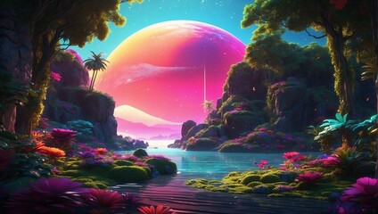 Obraz na płótnie Canvas Night alien landscape. Beautiful night sky. Fantastic scene with a riot of colors of alien vegetation.