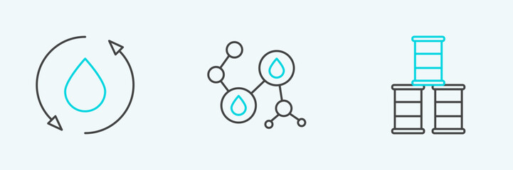Set line Barrel oil, Oil drop and Molecule icon. Vector