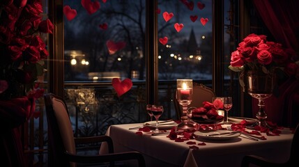 Fototapeta na wymiar Valentines day background wallpaper, chocolate love, hearts, romantic roses, Generative AI