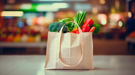 A bag of vegetables on the background of a supermarket. Generative AI, - obrazy, fototapety, plakaty